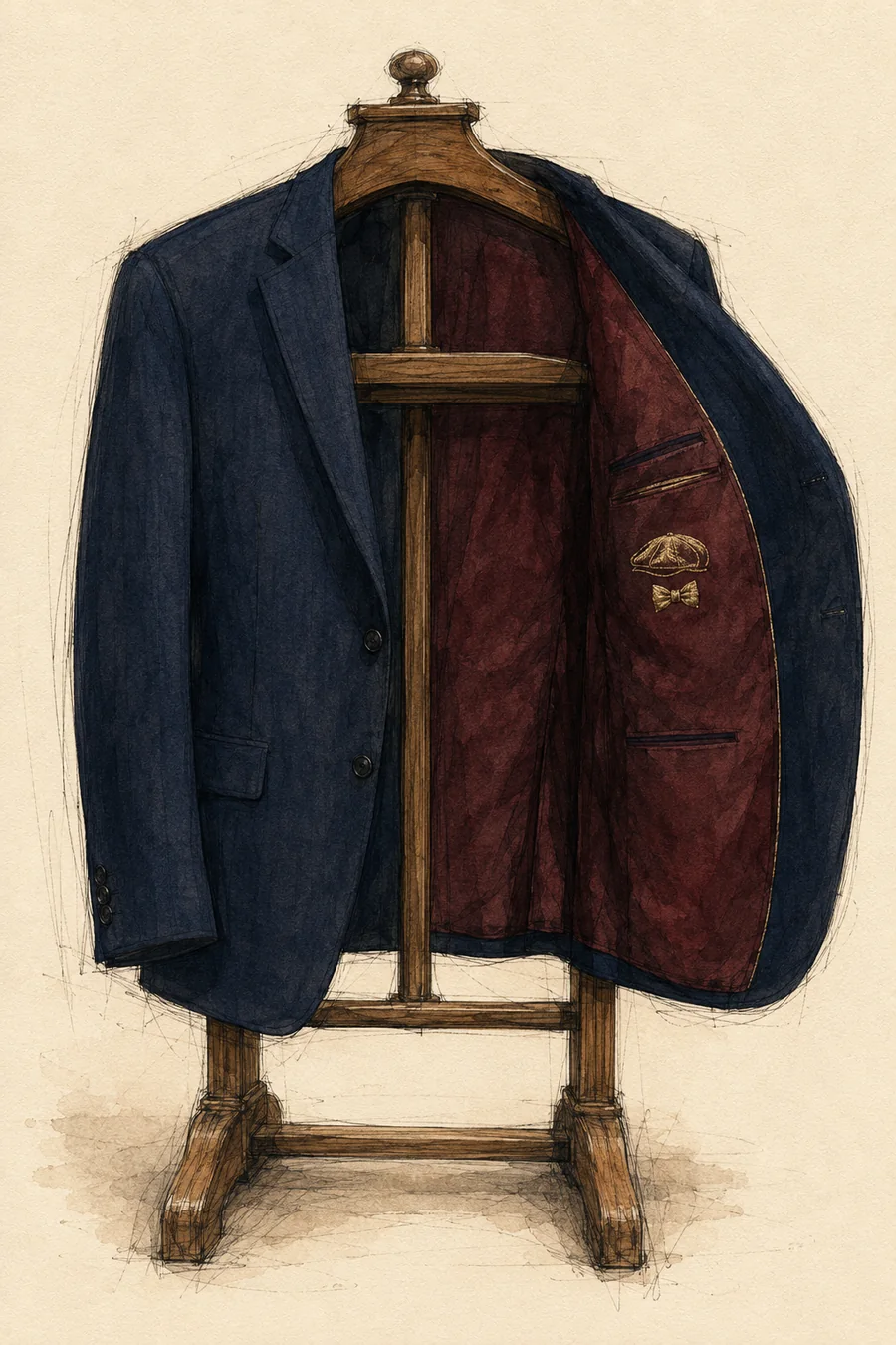 Sketch of a navy jacket folded open, showing the oxblood lining with Sam's gold cap-and-bow-tie mark
