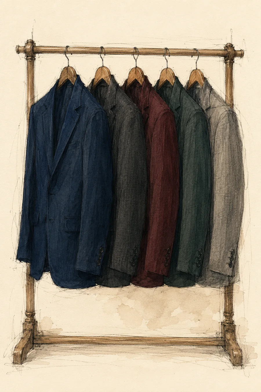Sketch of five tailored jackets on a wooden garment rail