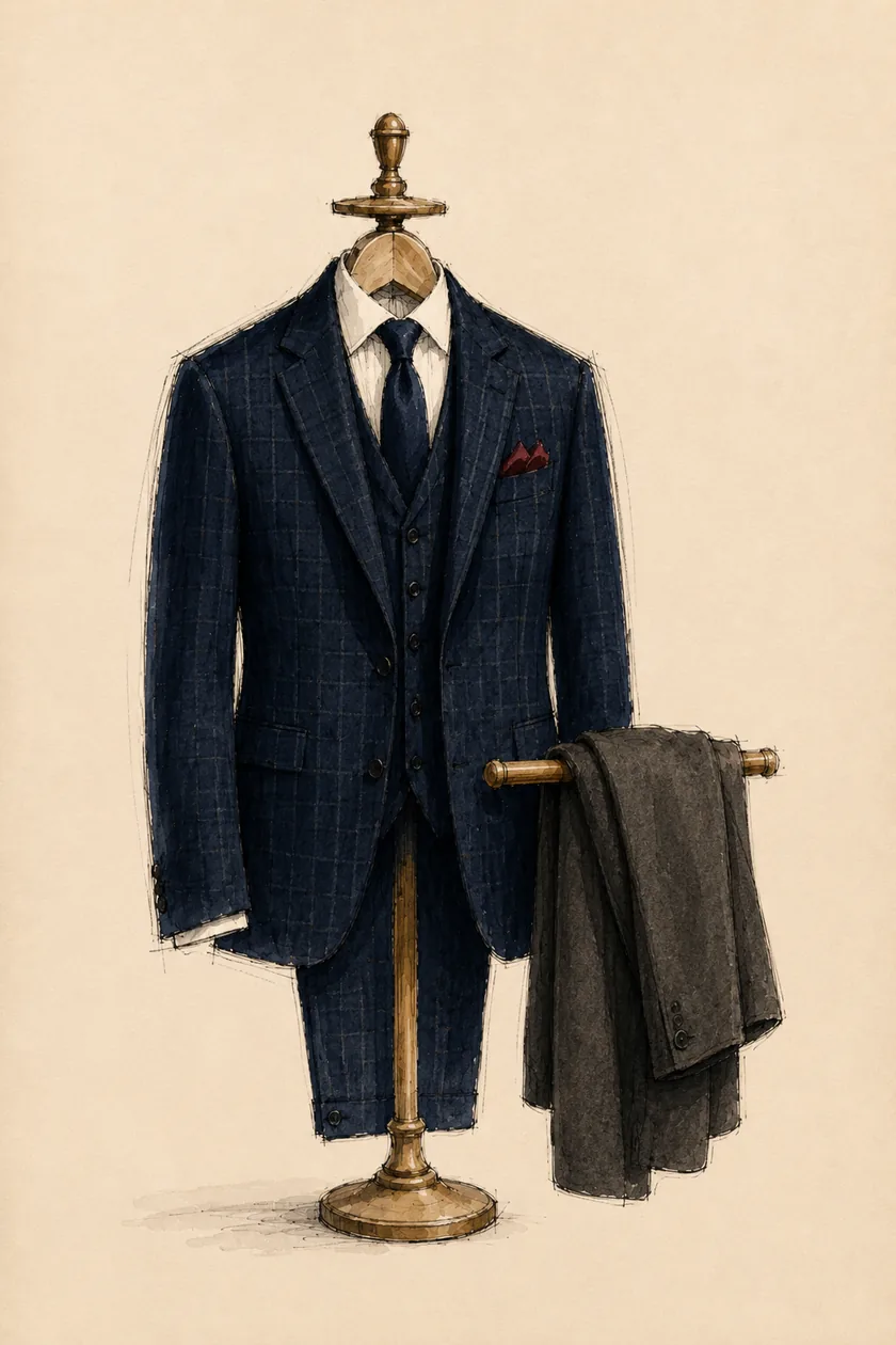 Sketch of a navy glen-check three-piece suit with an overcoat on a valet stand