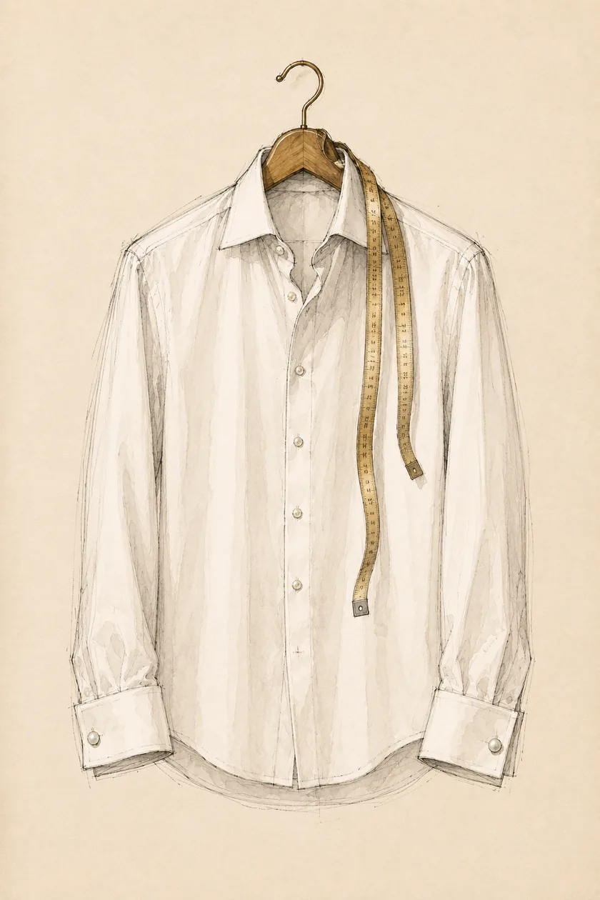 Sketch of a custom dress shirt with a tailor's measuring tape