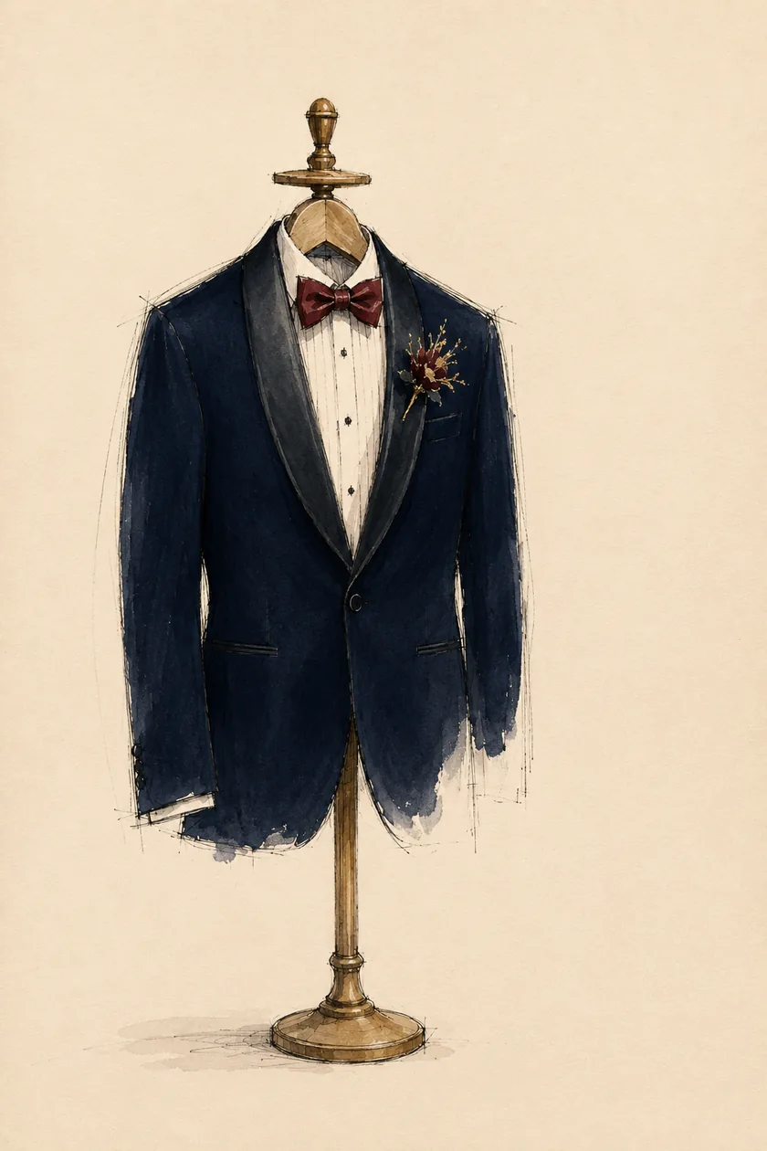 Sketch of a midnight tuxedo with an oxblood bow tie on a valet stand